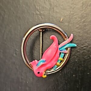 Vintage Enameled Parrot Brooch Pin Pink & Silver